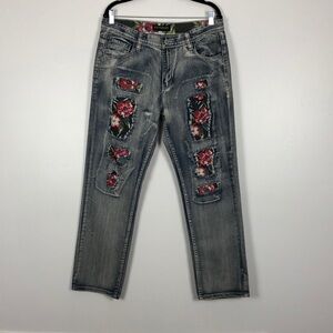 Victorious Los Angeles floral patch 5 pocket men’s blue jeans Size 36/30